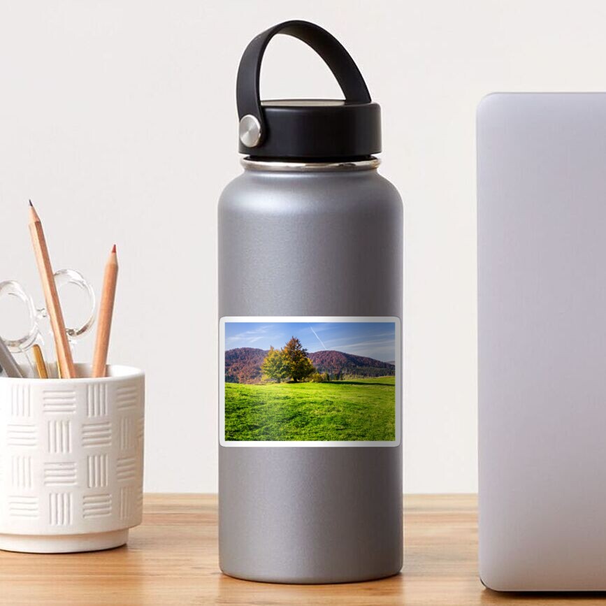 trees near valley in mountains on hillside Sticker