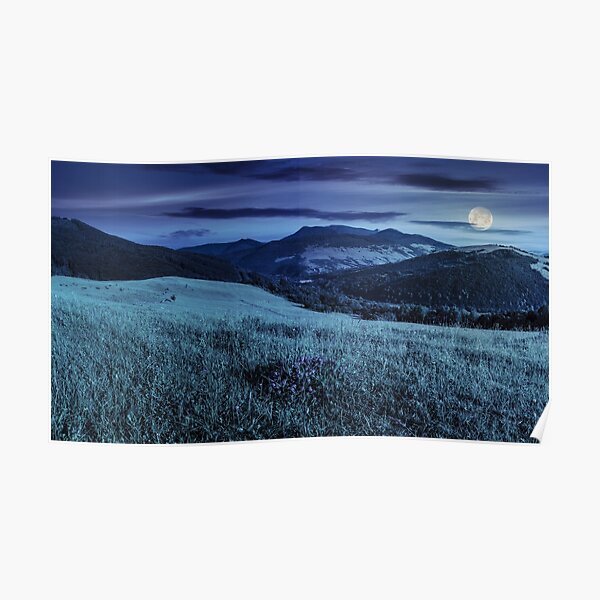 valley in mountains on hillside under sky with clouds at night Poster