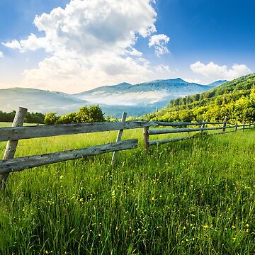 Artwork thumbnail, fence on hillside meadow in mountains at sunrise by mike-pellinni