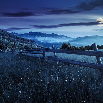 Artwork thumbnail, fence on hillside meadow in mountains at night by mike-pellinni