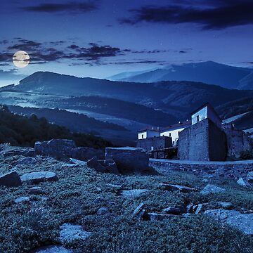 Artwork thumbnail, composite landscape with fortress in woods on mountain hillside at night by mike-pellinni