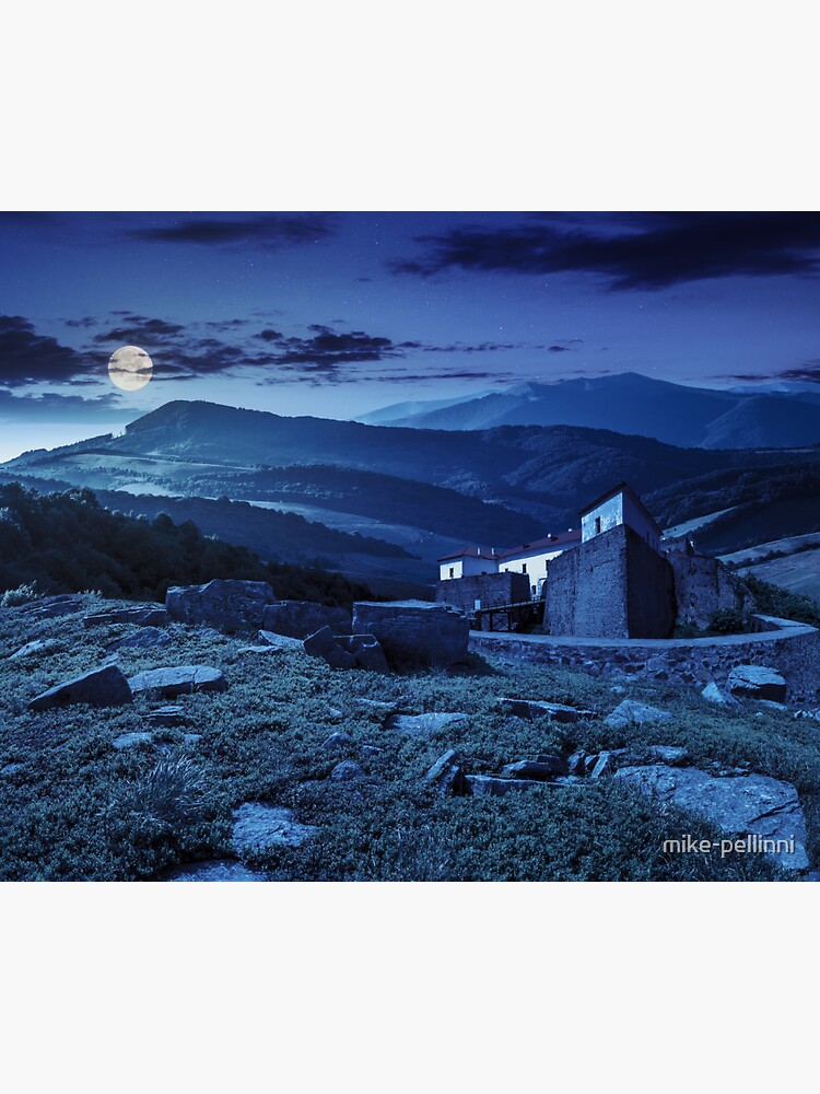 composite landscape with fortress in woods on mountain hillside at night by mike-pellinni