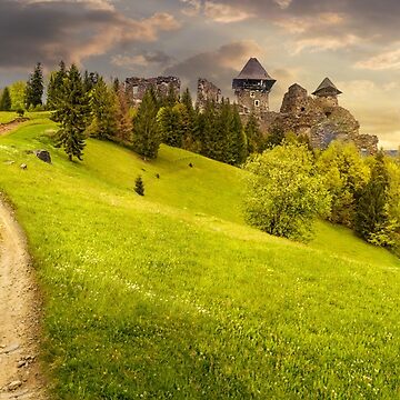 Artwork thumbnail, path to fortress ruins on hillside with forest at sunset by mike-pellinni