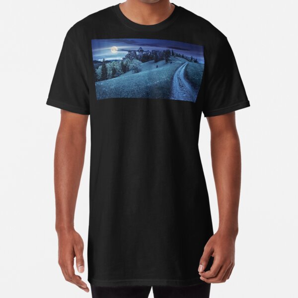 path to fortress ruins on hillside with forest at night Long T-Shirt