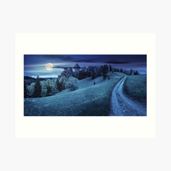 path to fortress ruins on hillside with forest at night Art Print