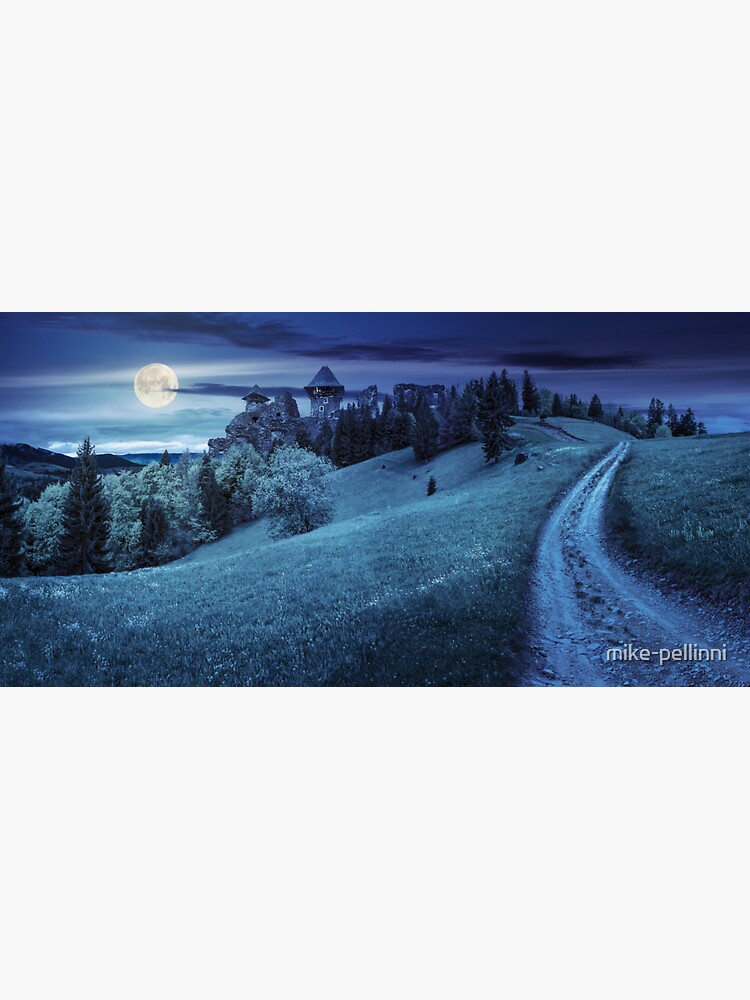 path to fortress ruins on hillside with forest at night by mike-pellinni
