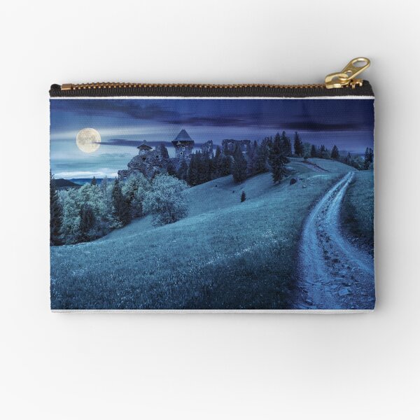 path to fortress ruins on hillside with forest at night Zipper Pouch