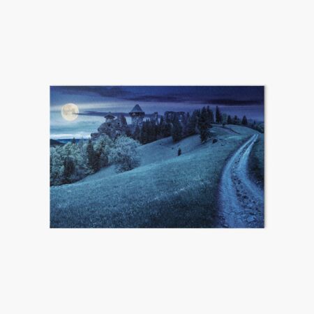 path to fortress ruins on hillside with forest at night Art Board Print