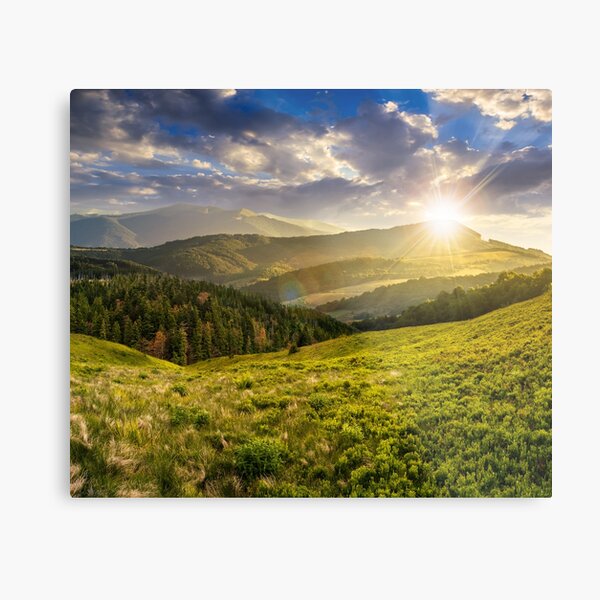 landscape with valley and forest in high mountains at sunset Metal Print