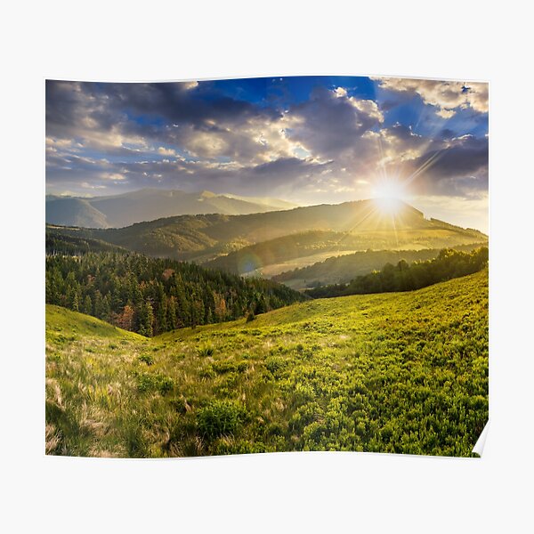 landscape with valley and forest in high mountains at sunset Poster