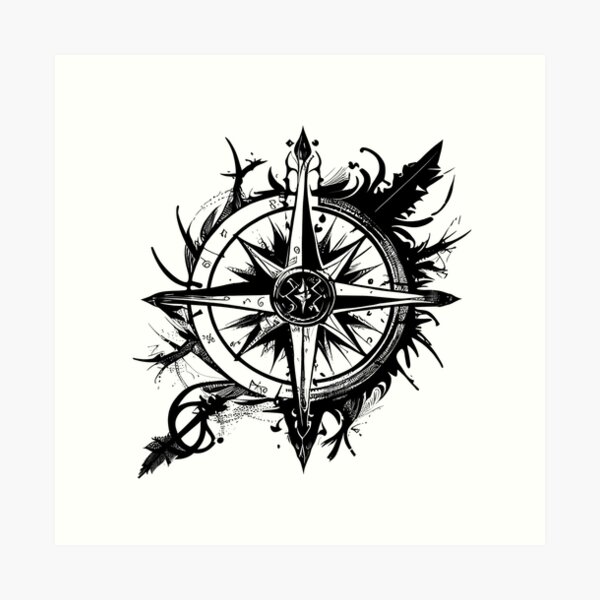 Black and Grey Compass and Roses Tattoo Design