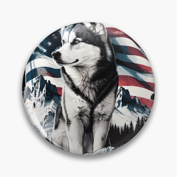 Item preview, Husky in front of an American flag and mountains in the background designed and sold by togetherShirts.