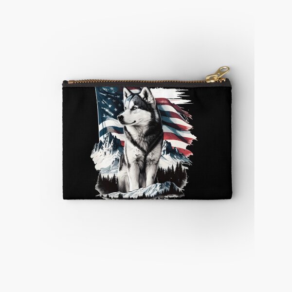 Item preview, Husky in front of an American flag and mountains in the background designed and sold by togetherShirts.