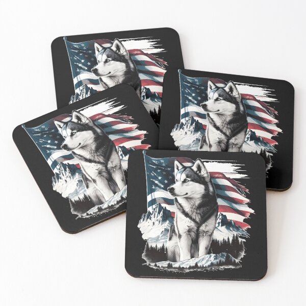 Item preview, Husky in front of an American flag and mountains in the background designed and sold by togetherShirts.