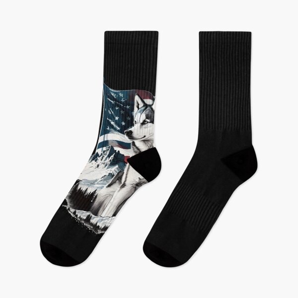 Item preview, Husky in front of an American flag and mountains in the background designed and sold by togetherShirts.