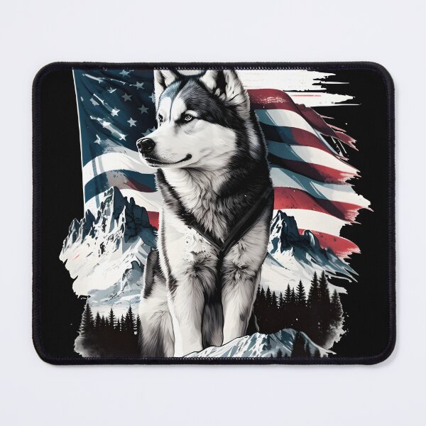 Item preview, Husky in front of an American flag and mountains in the background designed and sold by togetherShirts.