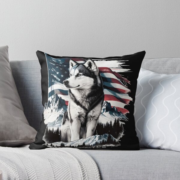 Item preview, Husky in front of an American flag and mountains in the background designed and sold by togetherShirts.