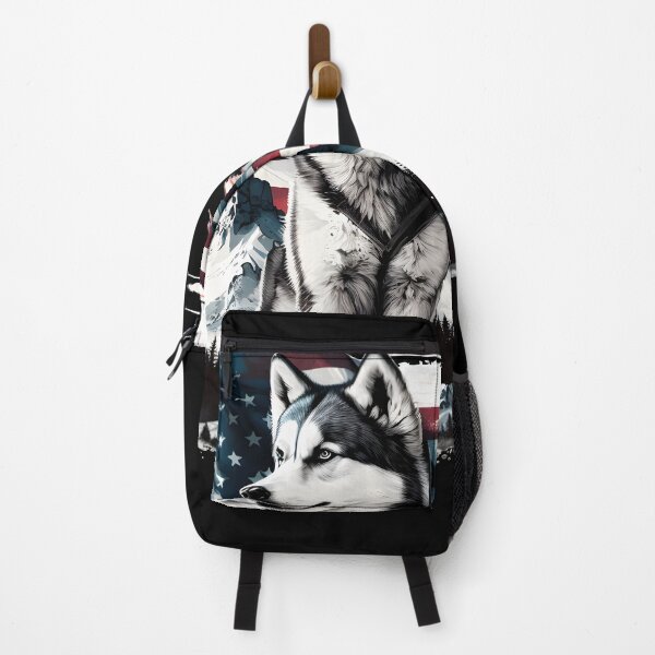 Item preview, Husky in front of an American flag and mountains in the background designed and sold by togetherShirts.