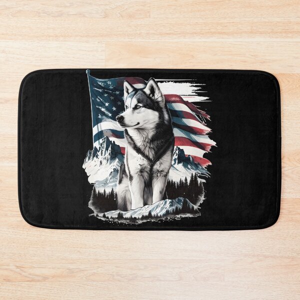 Item preview, Husky in front of an American flag and mountains in the background designed and sold by togetherShirts.
