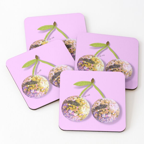 Item preview, Disco cherries artwork pastel yellow- purple background designed and sold by Studio Lydia  Lovely.