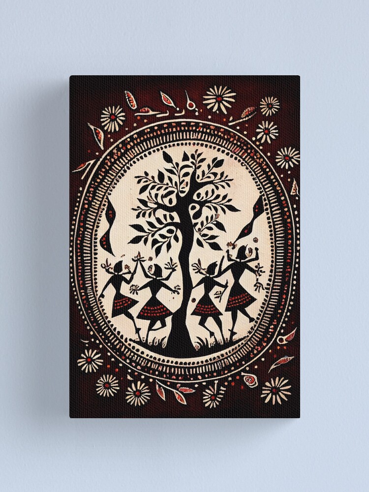 Warli Art Depicting Tree of Life on Stretched Canvas Board Using