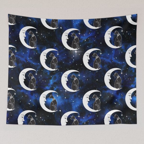 Item preview, Mystical Black Cat and Crescent Moon in the Blue Starry Sky Pattern designed and sold by Quirkdom.