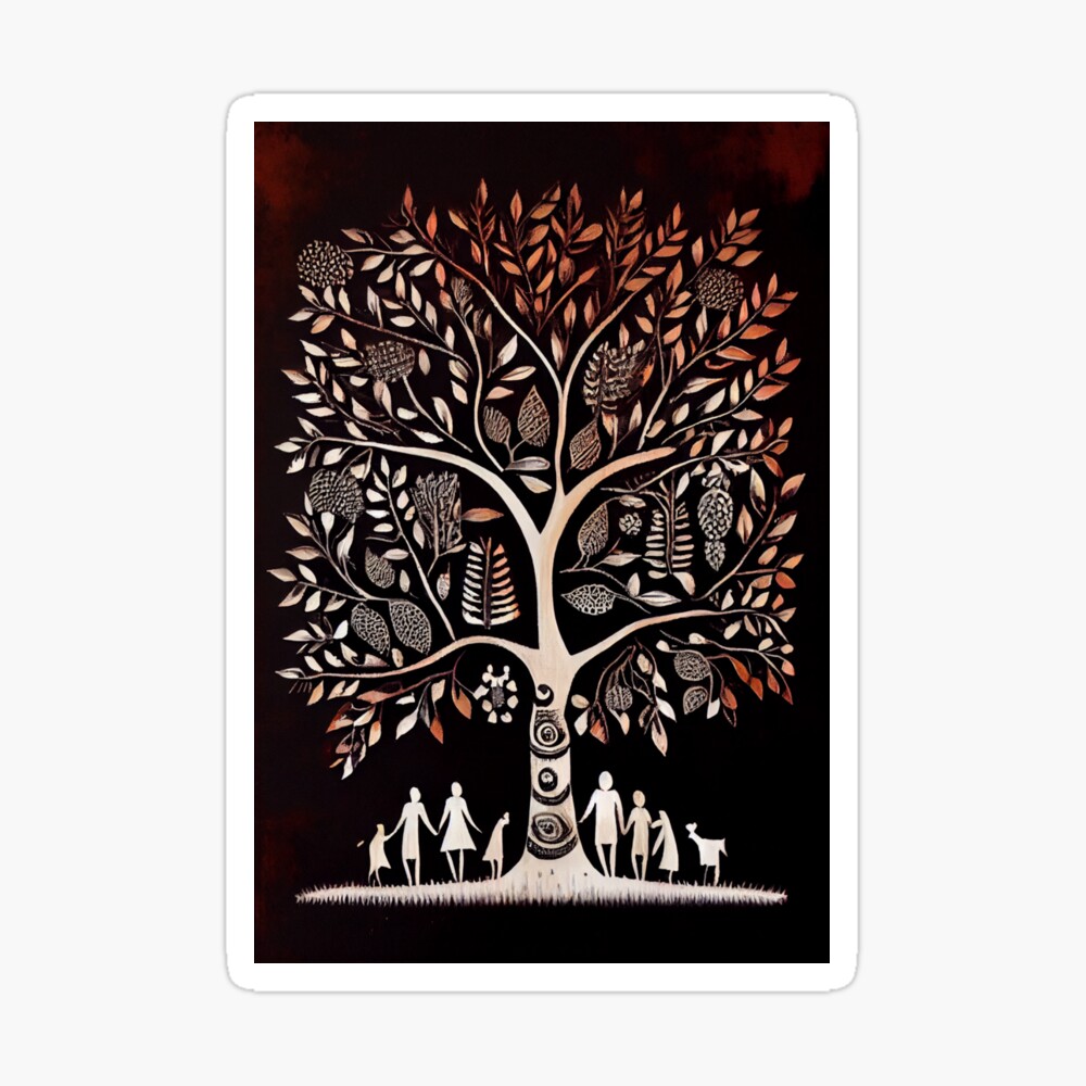 Warli Art Depicting Tree of Life on Stretched Canvas Board Using