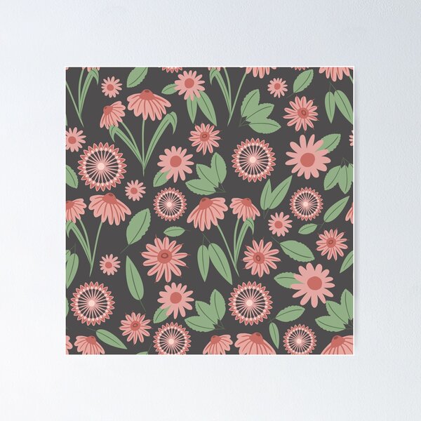 Item preview, Patrón floral boho n.º 8 rosa y verde sobre gris oscuro designed and sold by QuestingPixel.