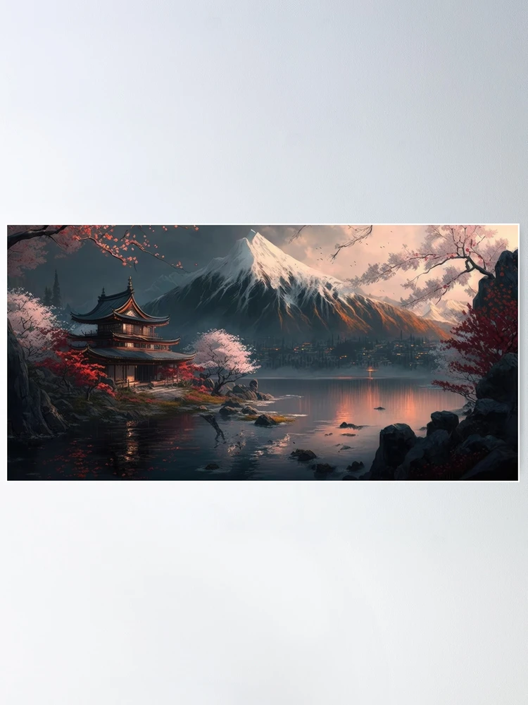Japanese Landscape Horizontal #2, Wall Art, Japanese horizontal print,  Pagodas Cherry Blossoms and Mt Fuji, Japanese ink brush, Digital Download,  Home Decor, Printable\