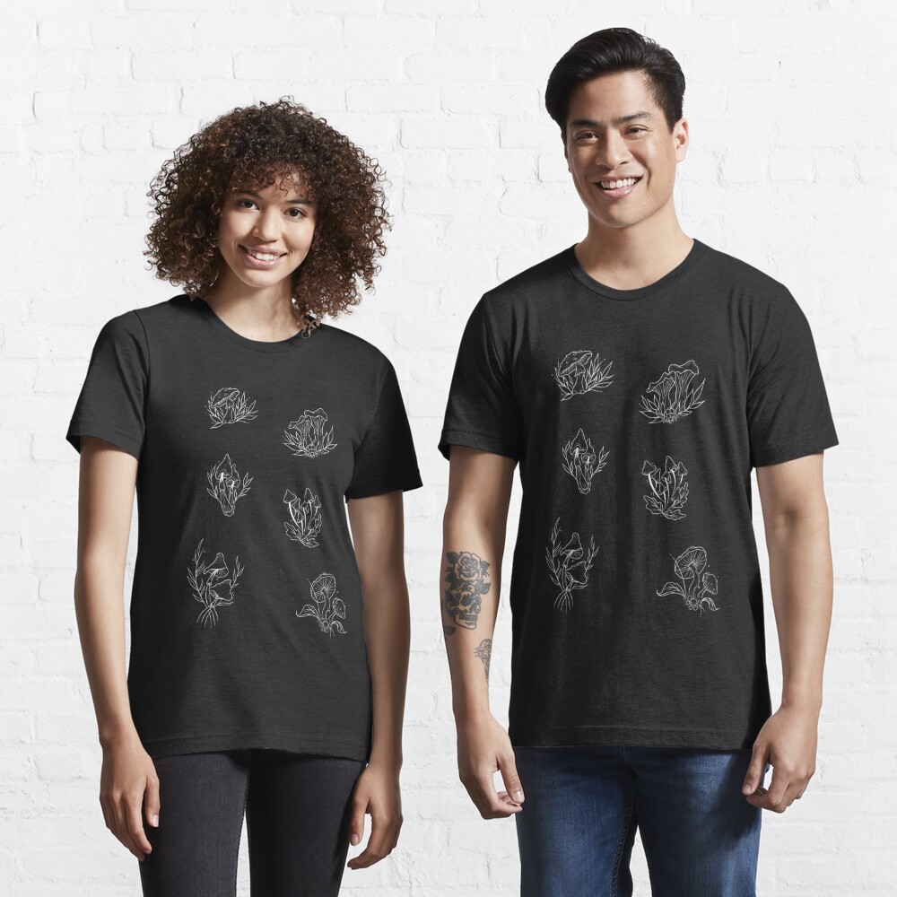 Disover Mushroom Variety Bespoke Line Drawings | Mushroom Cottagecore | White on Black | Essential T-Shirt 
