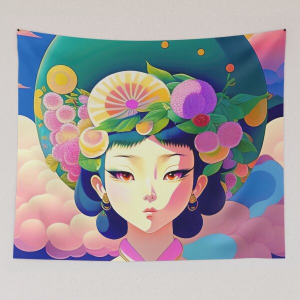 Item preview, Asian woman wearing a hat with flowers in 90's vintage anime surrealism artwork designed and sold by fr4nk87.