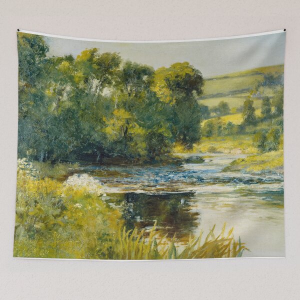 Aperçu de l'œuvre Peinture de paysage de rivière au bord du ruisseau | Décor de ferme | Peinture de paysage de mauvaise humeur | Impression de paysage | Art mural vintage | Paysage d'époque créée et vendue par scrolla.