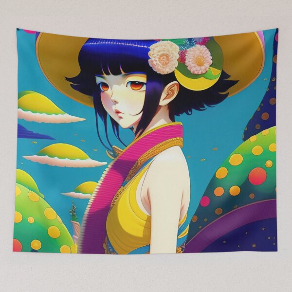 Item preview, Asian woman wearing a hat with flowers in 90's vintage anime surrealism artwork designed and sold by fr4nk87.