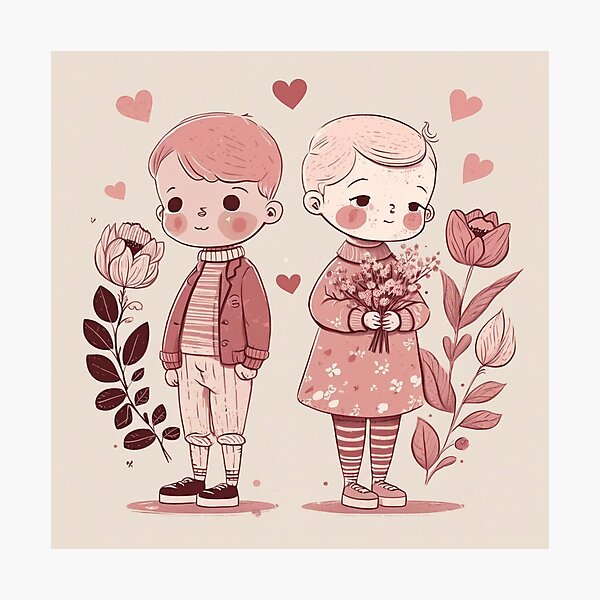 Boy and girl couple, hearts, naive art, naive drawing, pastel colors Photographic Print