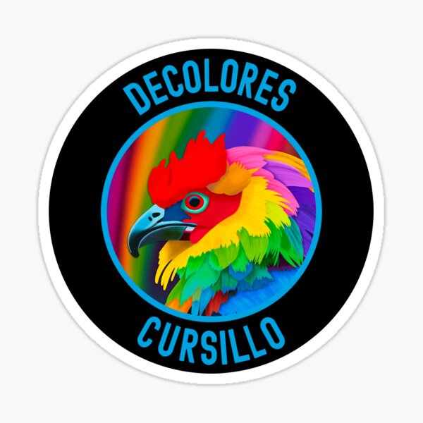 DeColores Cursillo Colorful Rooster with Rainbow Background-Blue Sticker