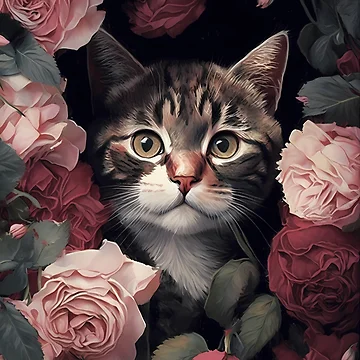 Artwork thumbnail, Cat In Roses by dotperinchart