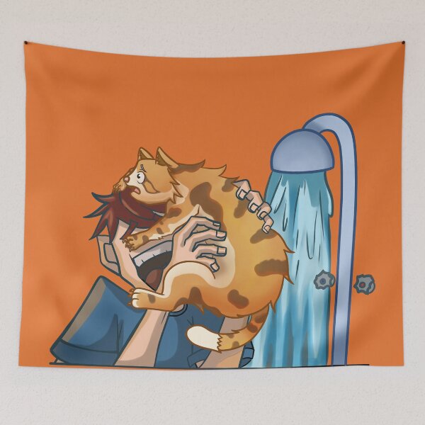 Item preview, striped cat gets scared because they want to bathe him, in cartoon style, meme, comedy designed and sold by kitsuneins.