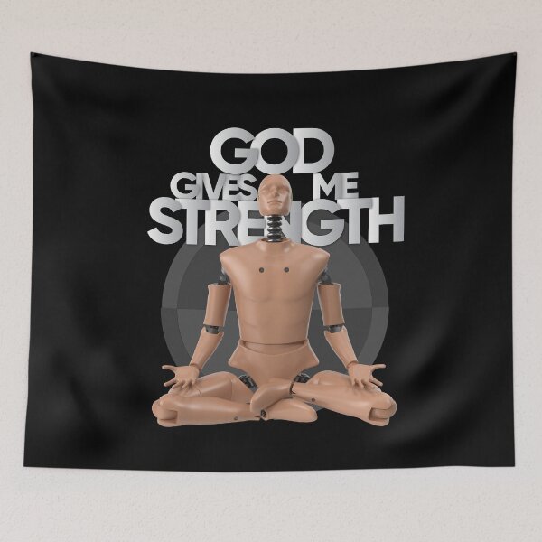 Item preview, God Gives Me Strength from Crash Test Dummy Yellow Brown Crash Test Man Sitting With Praying Position With Crash Sign As Background designed and sold by activlifewear.