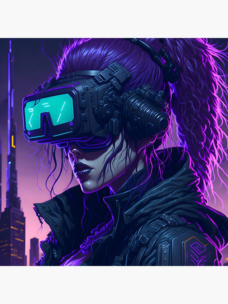 Cyberpunk, girl, workstation, neon, space, fish-eye view