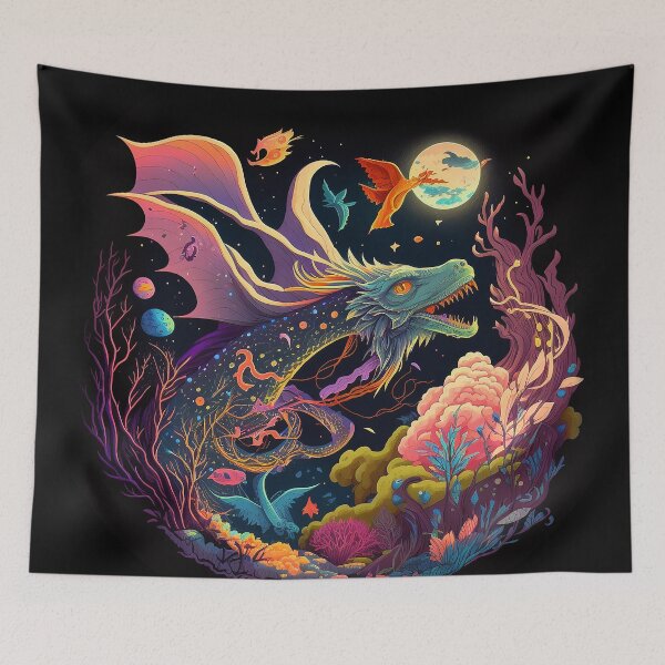 Item preview, dragon flying through a forest at night with a full moon designed and sold by gogaruadze.