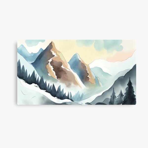 Item preview, Snowy aesthetic watercolor mountain landscape painting designed and sold by niftyfifty.