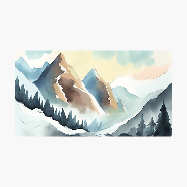 Item preview, Snowy aesthetic watercolor mountain landscape painting designed and sold by niftyfifty.