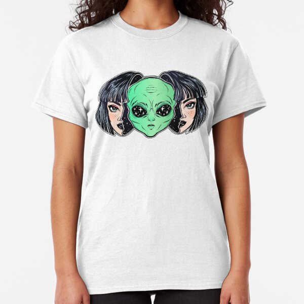 Colorful vibrant portrait of an alien from outer space face in disguise as human girl. Classic T-Shirt