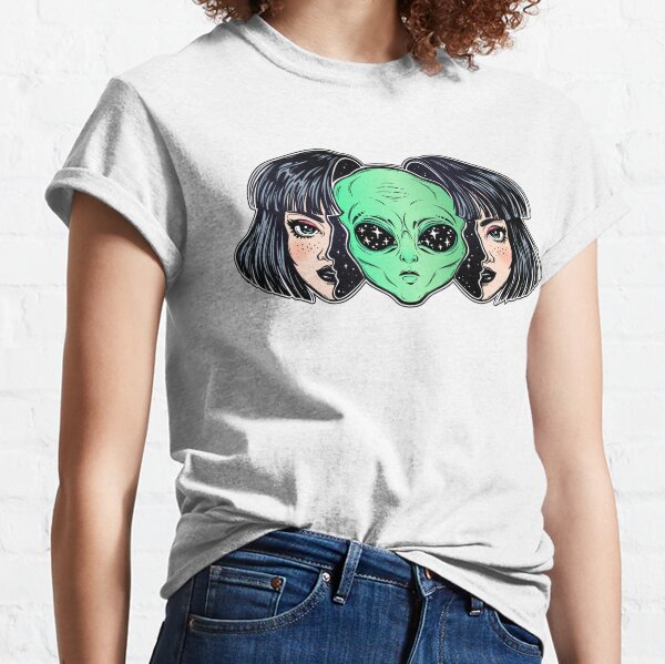 Colorful vibrant portrait of an alien from outer space face in disguise as human girl. Classic T-Shirt
