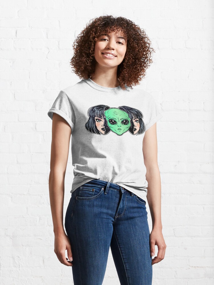 Alternate view of Colorful vibrant portrait of an alien from outer space face in disguise as human girl. Classic T-Shirt