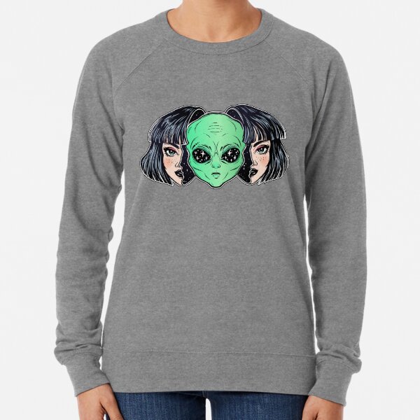 Colorful vibrant portrait of an alien from outer space face in disguise as human girl. Lightweight Sweatshirt