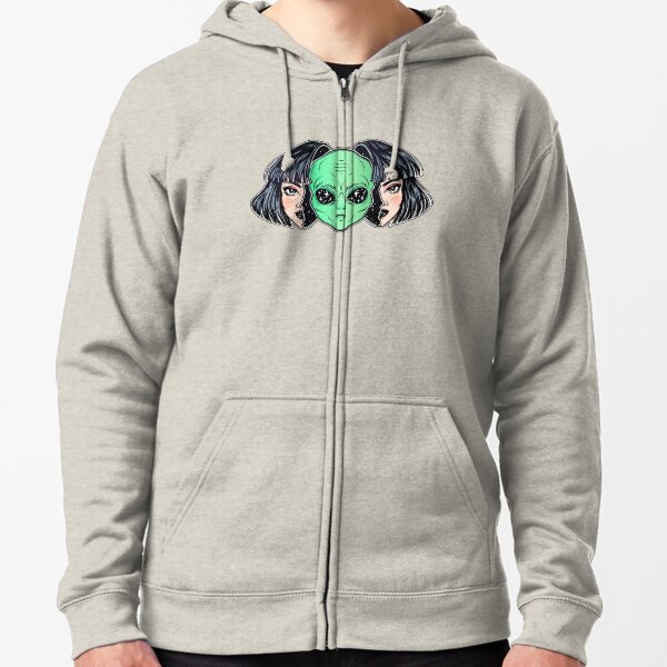 Colorful vibrant portrait of an alien from outer space face in disguise as human girl. Zipped Hoodie