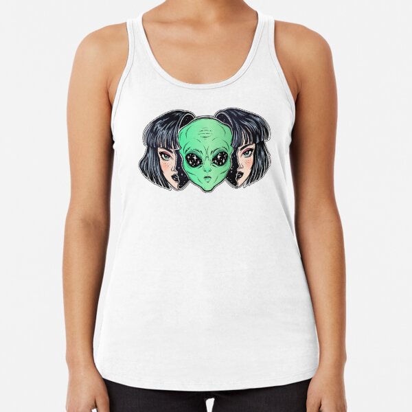 Colorful vibrant portrait of an alien from outer space face in disguise as human girl. Racerback Tank Top