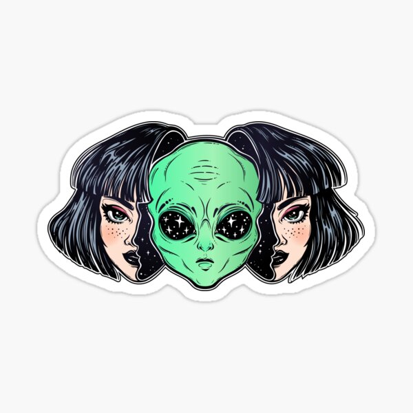 Colorful vibrant portrait of an alien from outer space face in disguise as human girl. Sticker