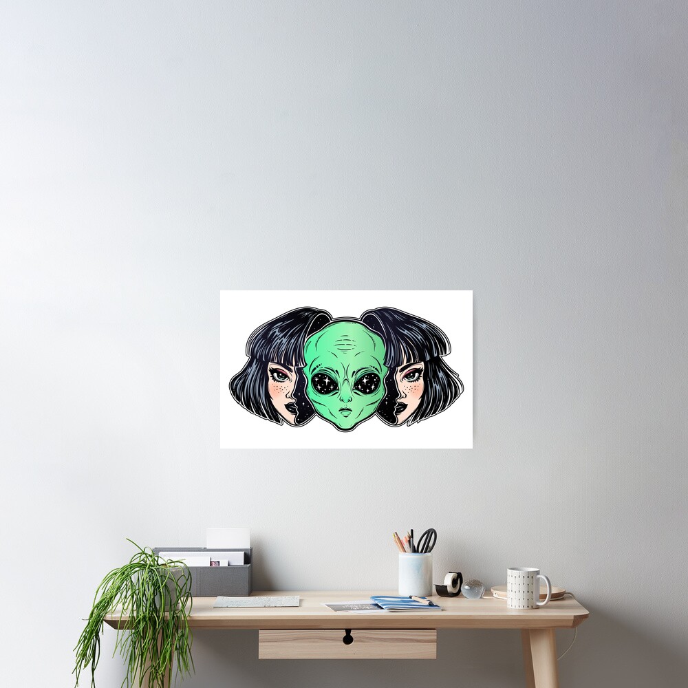 Colorful vibrant portrait of an alien from outer space face in disguise as human girl. Poster